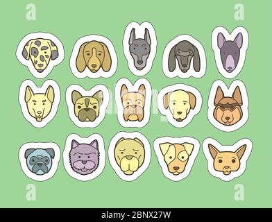 Ensemble tête de chien et chiot. Autocollants de races de chiens dessinés à la main Illustration de Vecteur