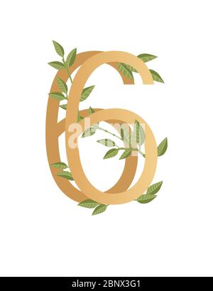 Numéro 6 avec dégradé de couleur beige recouvert de feuilles vertes police ECO illustration vectorielle plate isolée sur fond blanc Illustration de Vecteur