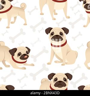 Sans couture motif mignon petit chien sympathique dessin animé animal domestique dessin vectoriel plat illustration sur fond blanc avec os Illustration de Vecteur