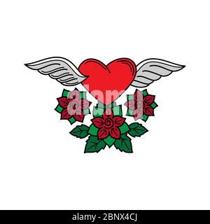 Vieux coeur tatouage école avec ailes et roses vecteur élément isolé Illustration de Vecteur