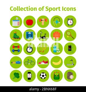 Des icônes plates et saines dans des cercles verts pour la conception d'applications. Santé sommeil, alimentation, exercices d'entraînement sportif. Illustration vectorielle Illustration de Vecteur
