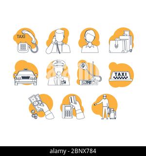 Icônes de dessin animé de taxi. Illustration de dessin au trait et de vecteur de remplissage orange Illustration de Vecteur
