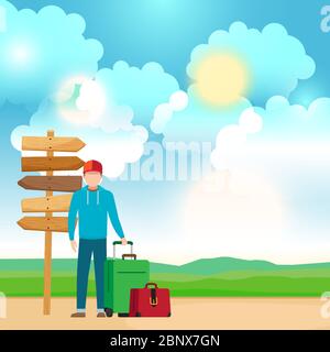 Homme avec des sacs de voyage près du panneau de direction de chemin en bois. Illustration vectorielle Illustration de Vecteur