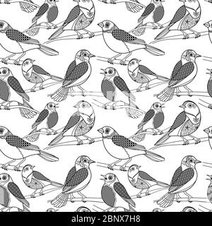 Motif oiseaux dessinés à la main sans couture. Oiseaux vectoriels à contour noir avec motifs floraux Illustration de Vecteur