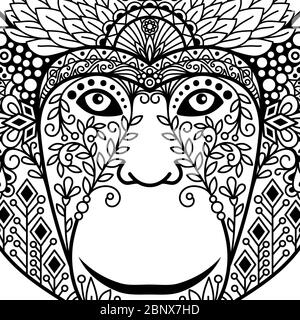 Illustration vectorielle de tête de singe à contour noir de Zentagle. Visage de singe avec motifs ethniques. Illustration de Vecteur