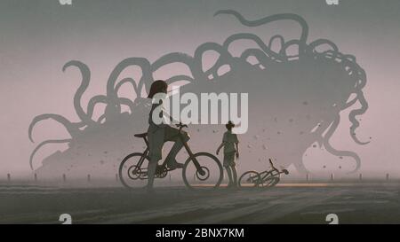 garçon et fille regardant à l'horizon un monstre extraterrestre géant, style d'art numérique, peinture d'illustration Banque D'Images