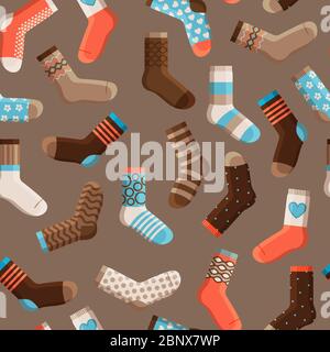 Coloré dessin animé mignonne chaussettes stylisées pour enfants, motif sans couture avec fond sombre. Illustration vectorielle Illustration de Vecteur