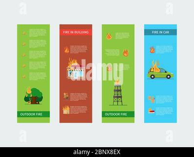 Circulaires verticales de risque d'incendie. Feu dans la maison et le bâtiment, à l'extérieur et dans la voiture. Illustration vectorielle Illustration de Vecteur