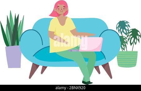 travaillant à distance, jeune femme assise sur un canapé avec ordinateur portable plantes illustration vectorielle Illustration de Vecteur