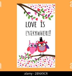 Illustration vectorielle de la circulaire verticale de la fête de la Saint-Valentin de Owl Happy Illustration de Vecteur