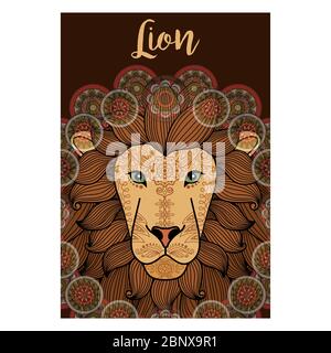 Animal lion, carte décorative avec ornement rond et fond marron. Illustration vectorielle Illustration de Vecteur