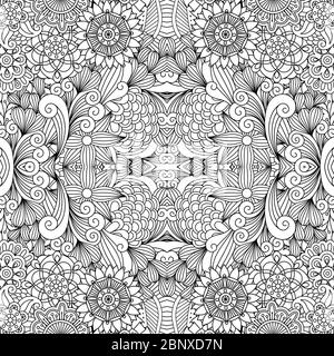 Fleurs et tourbillons bordent un motif décoratif en noir et blanc. Illustration vectorielle Illustration de Vecteur