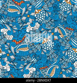 Arrière-plan kaléidoscope bleu avec fleurs et autres éléments floraux Illustration de Vecteur