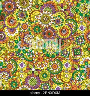 Cadre violet et vert jaune décoration vintage composée de formes kaléidoscope et de fleurs géométriques Illustration de Vecteur