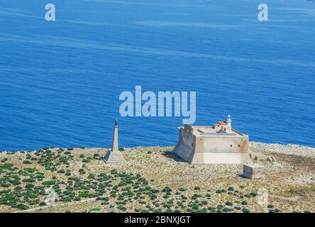 Vue aérienne de la forteresse de Capo Passero Portopalo fo, Syracuse en Sicile, Italie. Banque D'Images