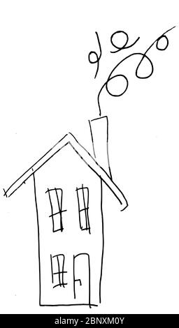 Dessin de style enfant d'une maison avec cheminée et fumée Banque D'Images