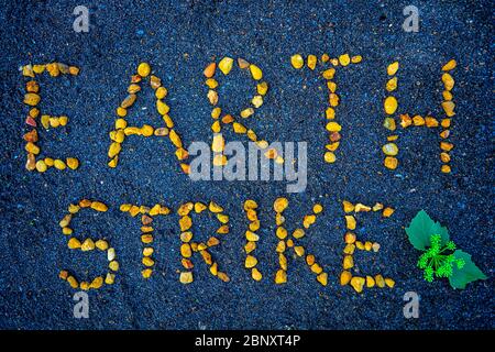 Earth Strike, texte élégant écrit avec des pierres orange, jaunes, sur asphalte noir et bleu avec des feuilles et des fleurs vertes. Symbole de protection de notre planète, Banque D'Images