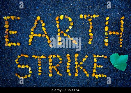 Earth Strike, concept fort écrit en mots faits sur des cailloux jaunes et orange sur fond noir de plage avec une petite feuille verte. Jour de la terre, message Banque D'Images