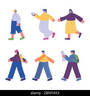 les gens qui marchent, les personnages avec le sac à dos de smartphone et l'illustration de vecteur de musique d'écoute Illustration de Vecteur