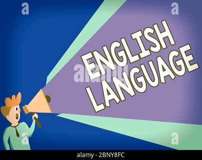 Symbole de texte indiquant l'anglais. Photo d'affaires présentant la troisième langue parlée dans le monde après le chinois et espagnol Homme debout parlant tenue Banque D'Images
