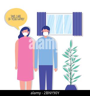 les parents couplent en utilisant des masques pour le covid19 dans la maison Illustration de Vecteur