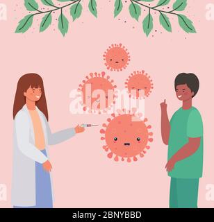 femmes et hommes médecins et covid 19 virus kawaii dessins animés conception de vecteur Illustration de Vecteur