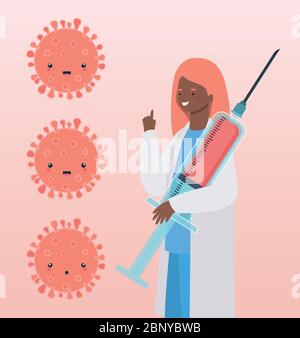 femme médecin avec injection et virus covid 19 kawaii dessins vectoriels conception Illustration de Vecteur