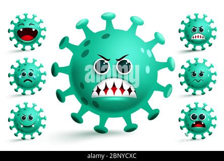 Ensemble de vecteurs d'émojis du coronavirus. Virus Covid-19 corona émoticône smiley et émoticônes avec expressions faciales vertes effrayantes pour l'éclosion de grippe isolée. Illustration de Vecteur