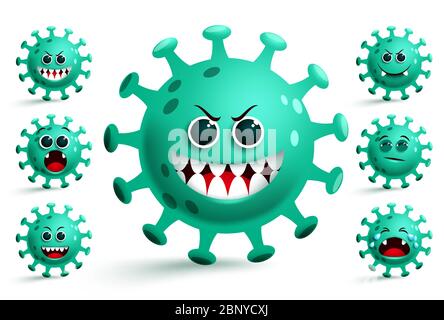 Ensemble de vecteurs d'émojis du virus Corona. Green Covid-19 coronavirus smiley émotijis et émoticônes avec l'expression faciale effrayante pour la collection de carton pandémique. Illustration de Vecteur