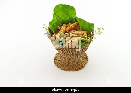 Assortiment de plantes dans panier de bambou brun isoler sur fond blanc Banque D'Images