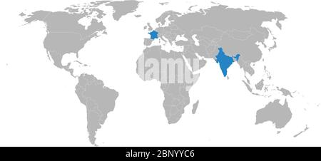 France, inde pays mis en évidence sur la carte du monde. Fond gris clair. Commerce, investissement, culture, éducation et transports. Illustration de Vecteur