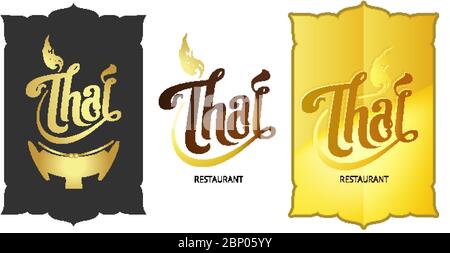 Typographie du concept de logo thaïlandais.fond noir, blanc, or avec art thaï, xylophone illustrer symbole . Design pour restaurant, entreprise, cuisine, boutique. Illustration de Vecteur