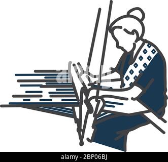 Une femme tissage et teinture à la main avec un seul trait de style. Porter un tissu indigo et des textiles locaux. Illustration de Vecteur