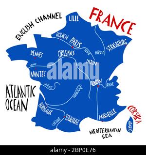 Carte stylisée de France dessinée à la main par Vector. Illustration de voyage avec noms de villes françaises. Illustrations avec lettrage dessinées à la main. Elément de carte Europe Illustration de Vecteur
