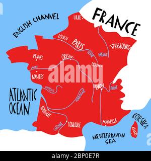 Carte stylisée de France dessinée à la main par Vector. Illustration de voyage avec noms de villes françaises. Illustrations avec lettrage dessinées à la main. Elément de carte Europe Illustration de Vecteur