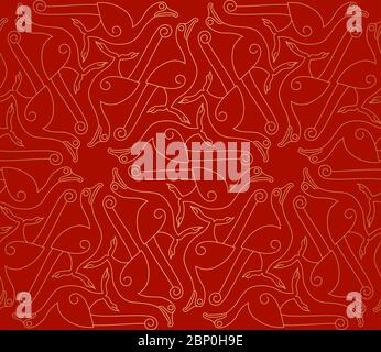 Motif doré décoratif abstrait sans couture avec oiseaux sur fond rouge. Décoration orientale traditionnelle. Banque D'Images