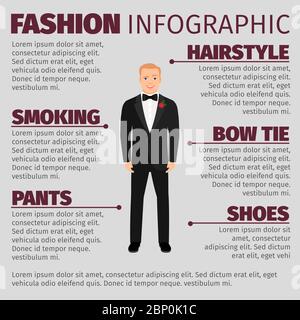 Infographie de mode avec homme souriant dans un costume de mariage. Illustration vectorielle Illustration de Vecteur