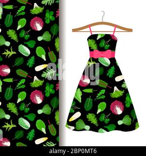 Femmes robe modèle de tissu sur un cintre avec des légumes, feuilles de salade. Illustration vectorielle Illustration de Vecteur