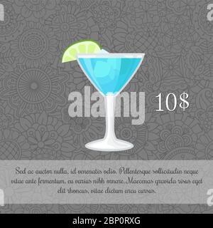 Modèle de carte à cocktail bleu alcoolique avec prix et fond à motifs. Illustration vectorielle Illustration de Vecteur