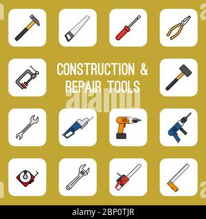 Accueil bricolage outils lignes de couleur icônes. Ensemble de panneaux d'utilité pour les travailleurs de menuisier Illustration de Vecteur