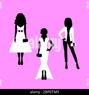 Mode femme modèle silhouettes ensemble dans différentes poses avec un portefeuille. Illustration vectorielle Illustration de Vecteur