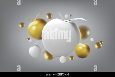 Arrière-plan abstrait avec pomme dorée et sphères métalliques, vue de face. Modèle 3D pour les produits, la publicité, les bannières Web, le vecteur Illustration de Vecteur