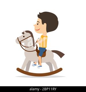 Le petit garçon est assis sur un jouet de cheval, isolé sur fond blanc. Illustration vectorielle Illustration de Vecteur