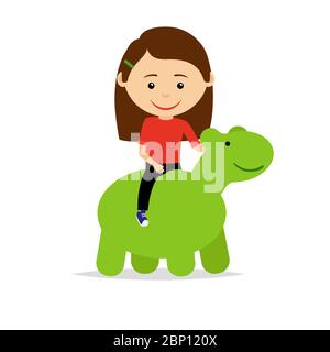 Petite fille assise sur le jouet vert de dinosaure, isolée sur fond blanc. Illustration vectorielle Illustration de Vecteur