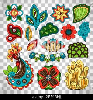 Motif cachemire fleuri, feuilles vectorielles, fleurs et herbes en styléisolés sur fond transparent Illustration de Vecteur