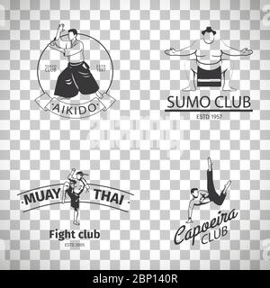 Logo Fight Club ou emblème MMA. Les logos de capoeira et de sumo, aikido et de boxe thaï sont isolés sur fond transparent Illustration de Vecteur