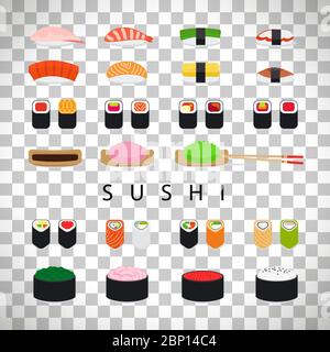 Ensemble de sushis japonais, symboles de sushi plat, isolés sur fond transparent Illustration de Vecteur