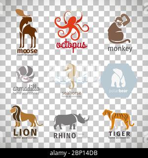 Logos, emblèmes et étiquettes vectoriels animaux de style plat, isolés sur fond transparent Illustration de Vecteur