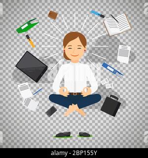Femme d'affaires en position méditante isolée sur fond transparent. Illustration vectorielle Illustration de Vecteur