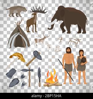 Vecteur d'âge de la pierre isolé sur fond transparent. Caveman ou troglodyte, mammouth et feu de joie, outils primitifs préhistoriques Illustration de Vecteur